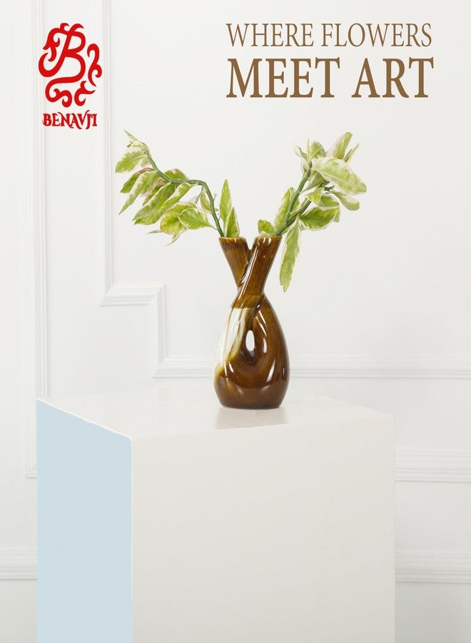BENAVJI Artistic Twisted Ceramic Vase - Dual-Opening Abstract Floral Pot for Modern Living Room, Office, and Tabletop Decor (Brown & White) - Image 3